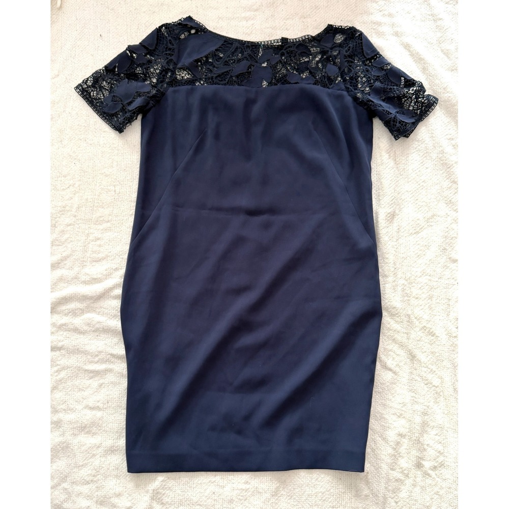 Ann Taylor Petite Size 12 Navy Blue Lace Sheath Dress Short Sleeve Elegant